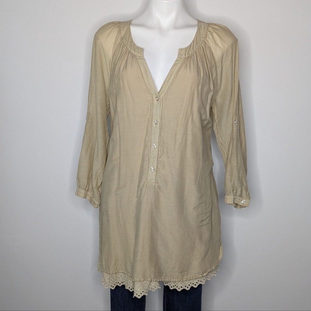 Soft Surroundings Tan Cotton Silk Eyelet Lace Long Sleeve Peasant Blouse Top M